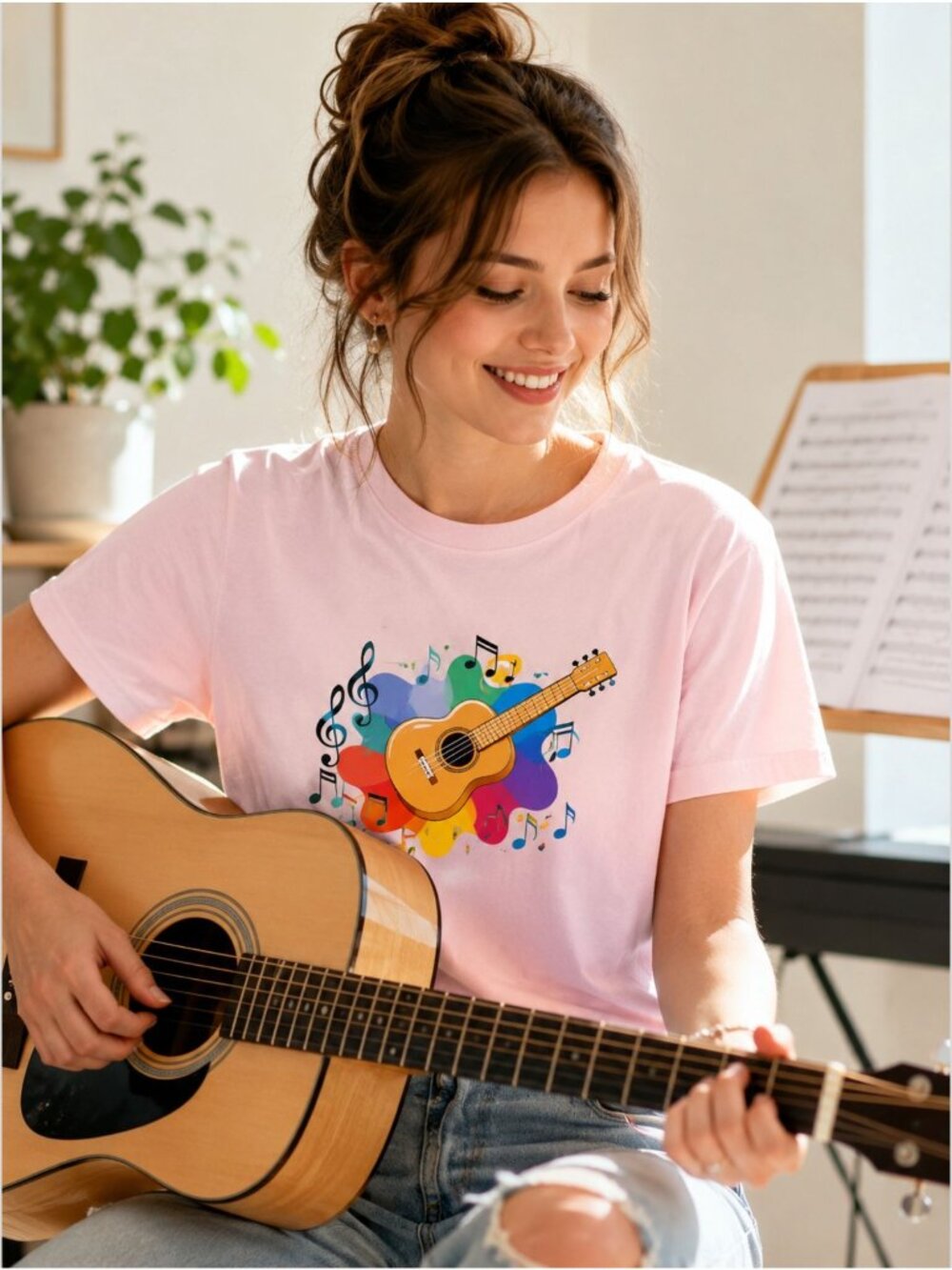 Guitar Music Graphic Tee Size L Pink Musical Notes Shirt